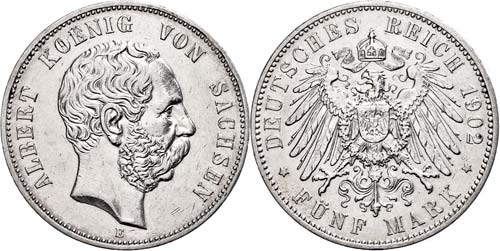 Saxony  5 Mark, 1902, Albert, ... 