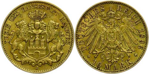 Hamburg  10 Mark, 1896, municipal ... 