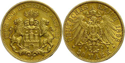 Hamburg  20 Mark, 1893, municipal ... 