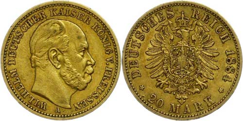 Prussia  20 Mark, 1884, Wilhelm ... 