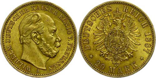 Prussia  20 Mark, 1887, Wilhelm ... 