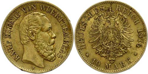 Württemberg  10 Mark, 1876, Karl, ... 