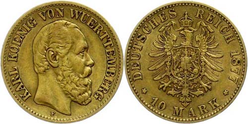 Württemberg  10 Mark, 1877, Karl, ... 