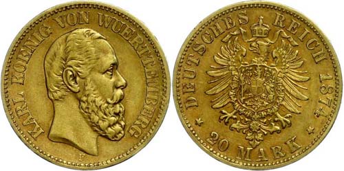 Württemberg  20 Mark, 1874, Karl, ... 