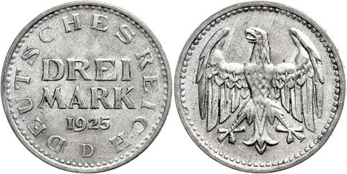 Münzen Weimar  3 Mark, 1925, D, ... 