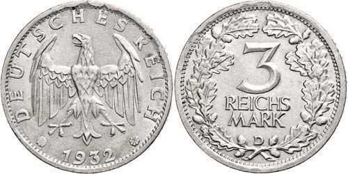 Münzen Weimar  3 Mark, 1932, ... 