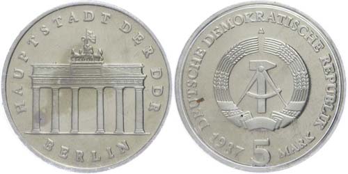 GDR  5 Mark, 1987, Berlin capital ... 