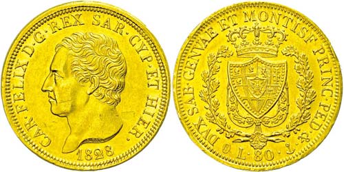 Italien  Sardinien, 80 Lire, Gold, ... 