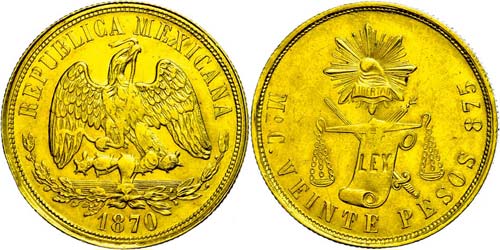 Coins Mexiko  20 Peso, Gold, 1870, ... 