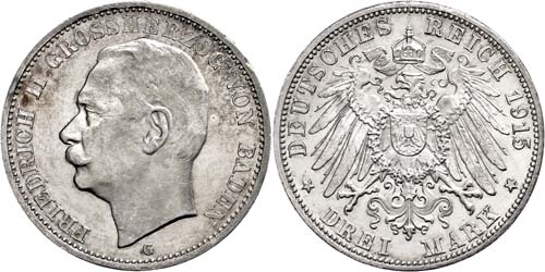 Baden 3 Mark, 1915, Friedrich II., ... 
