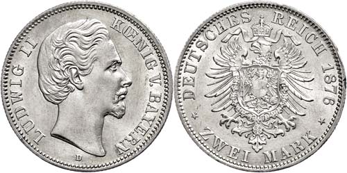Bavaria 2 Mark, 1876, Ludwig II., ... 