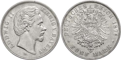 Bavaria 5 Mark, 1876, Ludwig II., ... 