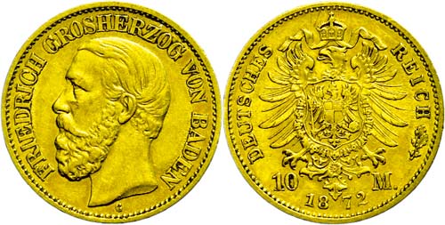 Baden 10 Mark, 1872, Friedrich I., ... 