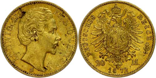 Bavaria 20 Mark, 1872, Ludwig II., ... 