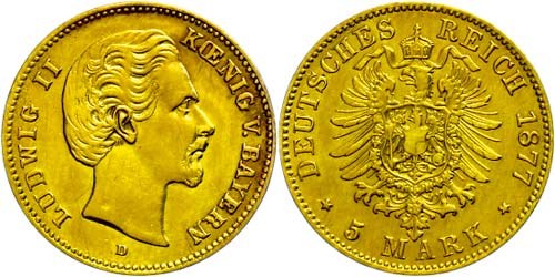Bavaria 5 Mark, 1877, Ludwig II., ... 
