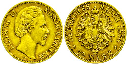Bavaria 10 Mark, 1874, Ludwig II., ... 