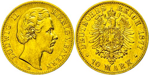 Bavaria 10 Mark, 1877, Ludwig II., ... 