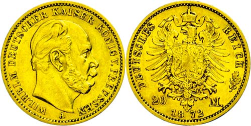 Prussia 20 Mark, 1872, A, Wilhelm ... 