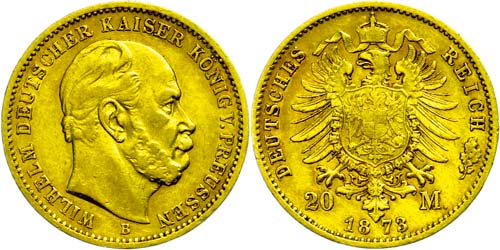 Prussia 20 Mark, 1873, B, Wilhelm ... 