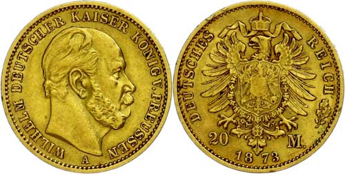 Prussia 20 Mark, 1873 A, Wilhelm ... 