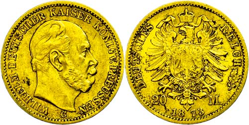 Prussia 20 Mark, 1873 C, Wilhelm ... 