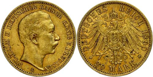 Prussia 20 Mark, 1890, Wilhelm ... 