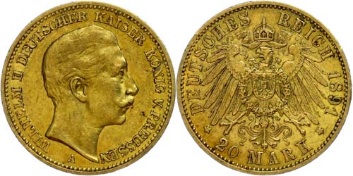 Prussia 20 Mark, 1891, Wilhelm ... 