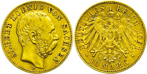 Saxony 10 Mark, 1891, Albert, very ... 