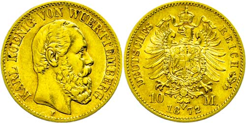 Württemberg 10 Mark, 1872, Karl, ... 