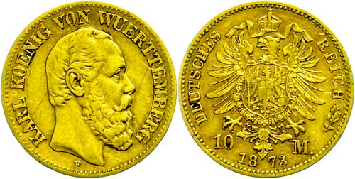 Württemberg 10 Mark, 1873, Karl, ... 