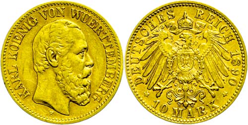 Württemberg 10 Mark, 1890, Karl, ... 