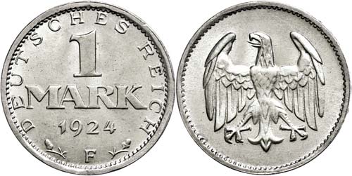 Münzen Weimar 1 Mark, 1924, F, f. ... 
