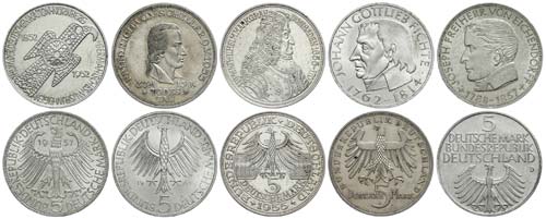 Münzen Bund ab 1946 5 x 5 Mark, ... 