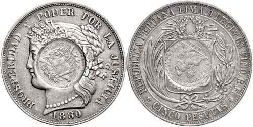 Guatemala 5 Pesetas, 1880, with ... 