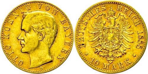 Bavaria 10 Mark, 1888, Otto, small ... 