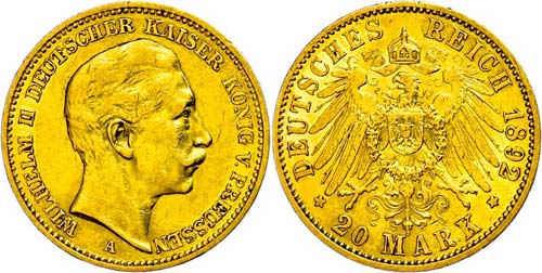 Prussia 20 Mark, 1892, Wilhelm ... 