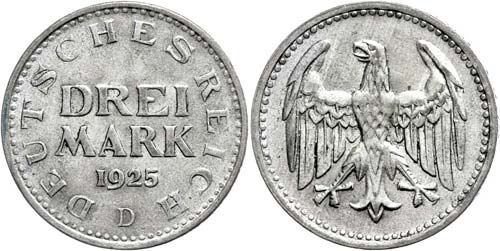Münzen Weimar 3 Mark, 1925, D, J. ... 