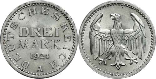 Münzen Weimar 3 Reichsmark, 1924, ... 