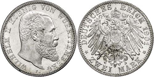 Württemberg 2 Mark, 1901, Wilhelm ... 