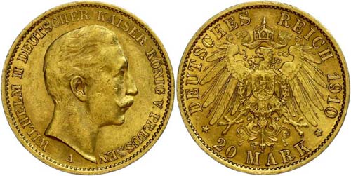 Prussia 20 Mark, 1910 A, Wilhelm ... 