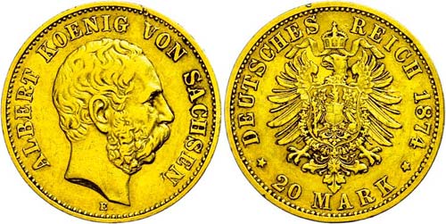 Saxony 20 Mark, 1874, Albert, edge ... 