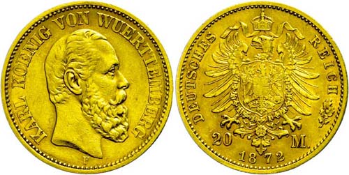 Württemberg 20 Mark, 1872, Karl, ... 