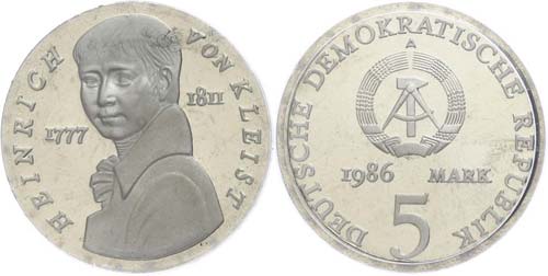 Münzen DDR 5 Mark, 1986, Kleist, ... 