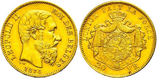 Belgium 20 Franc, Gold, 1874, ... 