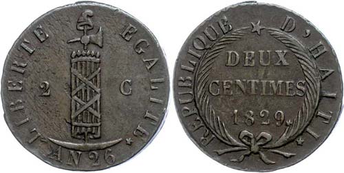 Haiti 2 Centimes, at 26, 1829, KM ... 