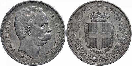 Italy 5 lira, 1878, Umberto I., KM ... 