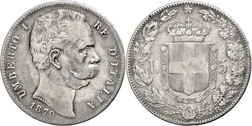 Italy 5 liras, 1879, Rome, Umberto ... 