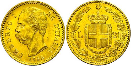 Italy 20 liras, Gold, 1882, ... 