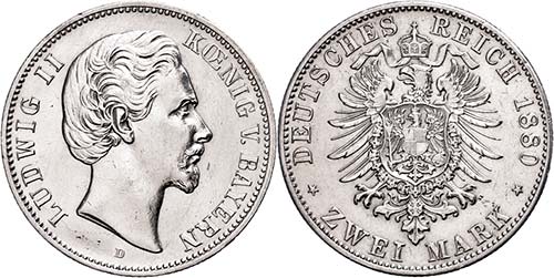 Bavaria 2 Mark, 1880, Ludwig II., ... 
