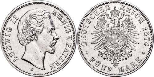 Bavaria 5 Mark, 1874, Ludwig II., ... 